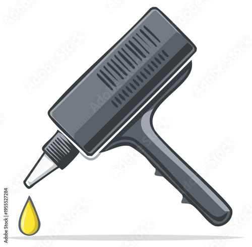 Grey hot glue gun with a yellow drop of glue coming out of the nozzle