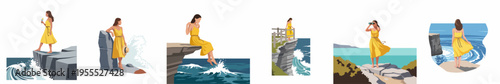A collection of flat vector illustrations featuring a woman in a yellow dress enjoying scenic ocean views from cliffs and rocky shores.