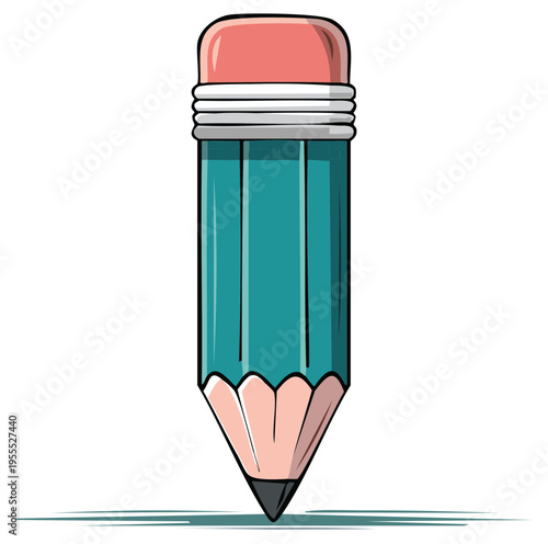 Sharp teal colored pencil with pink eraser and graphite tip ready for drawing
