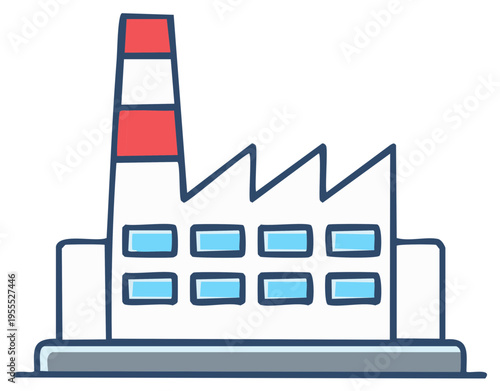 Charming hand-drawn style factory building with tall smokestack and distinctive sawtooth roof, depicting industry manufacturing