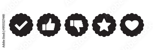 Collection of black verified checkmark like dislike star and heart icons on white background vector graphics