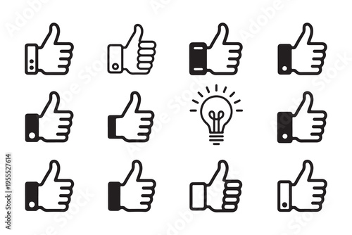 Collection of black and white thumbs up icons and light bulb idea icon on white background vector