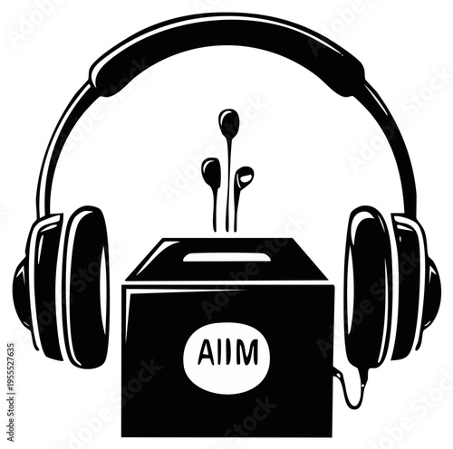 Headphones listening to a sound box emitting abstract audio waves black and white vector logo