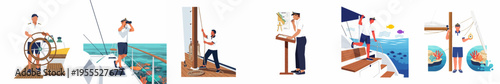 Flat Vector Illustration Set of a Captain and Crew Member Performing Various Nautical Tasks on a Ship Including Steering and Navigating.