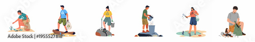 Diverse Volunteers Cleaning Plastic and Waste from Beach to Protect Ocean Environment, Flat Vector Illustration Set on White Background