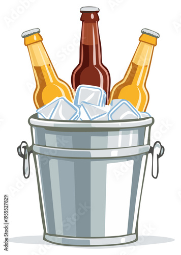 Three refreshing beer bottles chilled in a metal ice bucket with cubes
