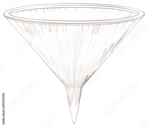 Hand drawn sketch illustration of a conical funnel tool for pouring and filtering
