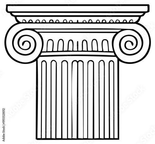 Ancient Ionic column capital and shaft illustration with ornate volutes and fluting detail