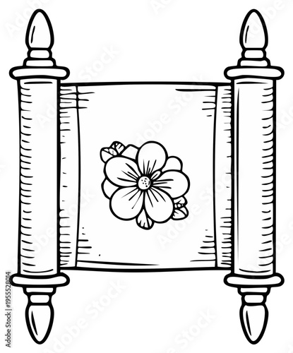 Hand Drawn Sketch of an Old Scroll with Flower Illustration and Decorative Finials