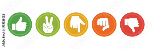 Hand gesture icons in colorful circles representing thumbs up victory sign pointing down and thumbs down sign