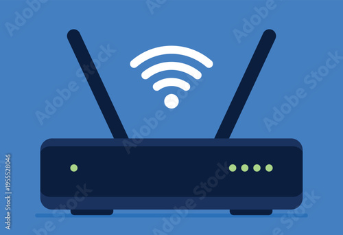 wifi router illustration, modern flat modem with antennas and signal waves on blue background, internet network device for business office dashboard ui branding and connectivity concept