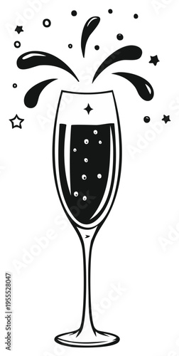 Champagne glass with overflowing bubbly liquid and celebratory stars and dots illustration