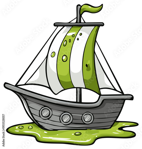Cartoon Sailboat with green and white sails in a green puddle