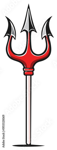 Cartoon illustration of a red devil's trident with sharp metal points