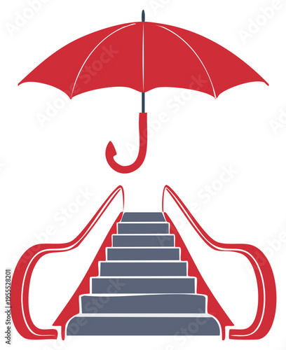Red Umbrella Covering Escalator Steps for Safety and Security Illustration