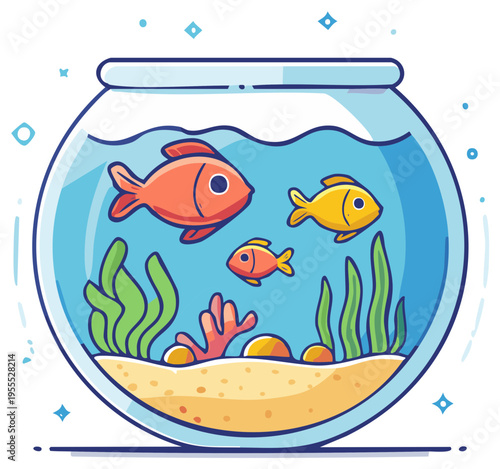 Whimsical Cartoon Fish Swimming in a Round Aquarium with Seaweed, Coral, and Sandy Bottom