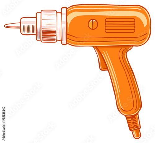 Orange power drill tool with handle and chuck, vector illustration