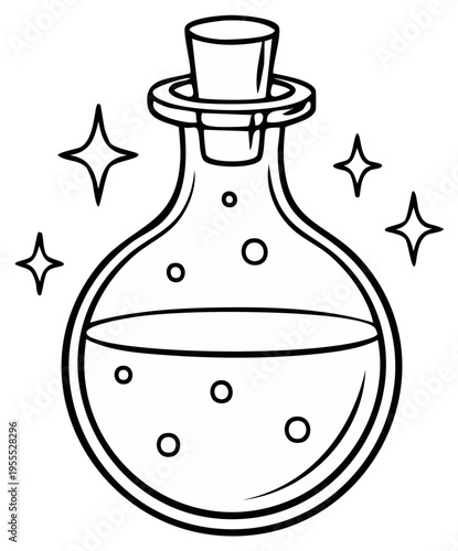 Magical potion bottle cartoon illustration, sparkling potion inside with cork closure and stars.