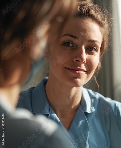 close up of a caring healthcare professional in blue scrubs attentively listening to a patient indoors with soft natural light highlighting calm expression and empathetic connection