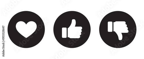 Like, love, and dislike icons vector illustration. heart, thumb up, and thumb down in black circles