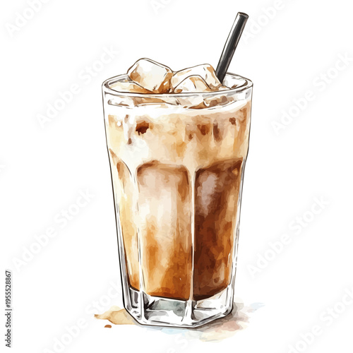 Iced Coffee Latte, watercolor painting with colorful accents, isolated on a white background.