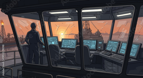 cargo ship and oil rig at sunset sea scene