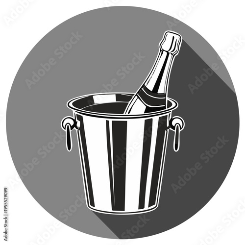 Stylized champagne bottle in ice bucket icon with long shadow