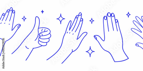 A collection of blue line art hands displaying various gestures