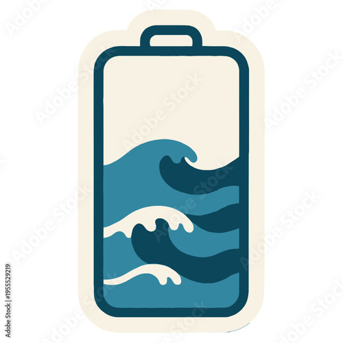 battery icon with ocean waves | smooth flowing water instead of charge bars | calm energy concept | minimalist sticker style | soft blue gradients | clean vector illustration | serene tech metaphor
