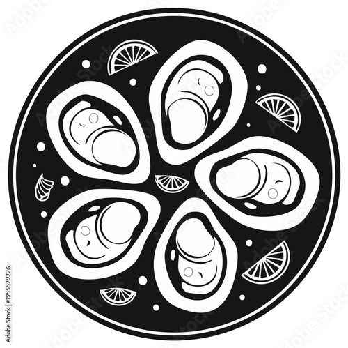 Top View Flat Illustration of Fresh Oysters with Lemon Slices Served on a Dark Round Plate