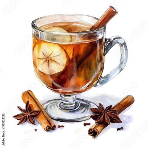 Hot Spiced Cider, watercolor painting with colorful accents, isolated on a white background.