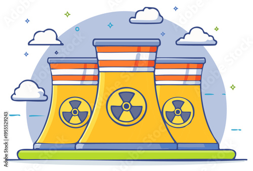 Cartoon nuclear power plant illustration, radiation symbol on cooling towers