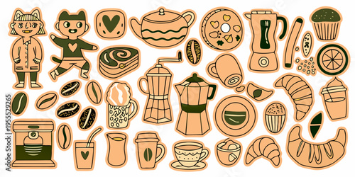 Colorful doodle illustration featuring coffee pastries and charming characters