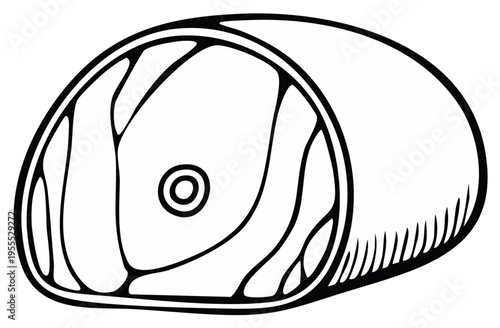Black and white line art illustration of a raw meat cut with visible fat marbling and bone fragment