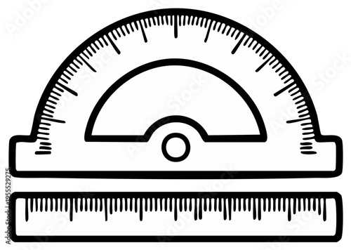Illustration of a protractor and ruler for measuring angles and lengths in education and design