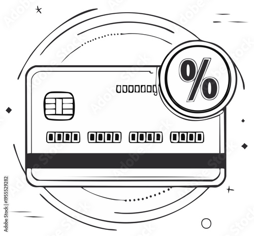 Credit card illustration with percentage symbol representing financial discounts interest rates or special offers. Banking payment doodle concept.