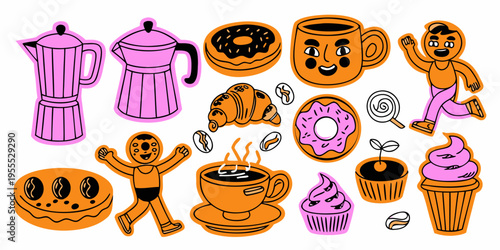 Colorful illustration featuring coffee pastries desserts and cheerful cartoon characters