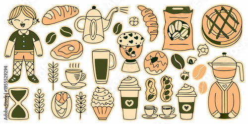 A charming hand drawn illustration of breakfast items and a cheerful girl