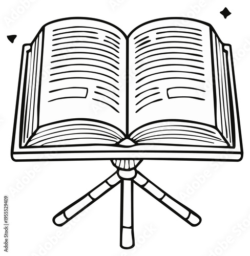 Open book on a tripod stand with graphic elements