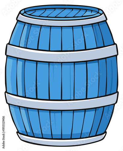 Cartoon blue wooden barrel, container with silver hoops, container for storing fluids, vintage keg