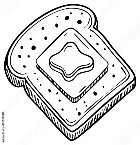 Toasted bread with melting butter pat black and white hand drawn sketch