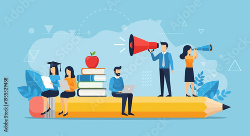 Education and Business Growth Concept Illustration with Diverse Professionals and Students on a Large Pencil