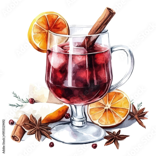 Hot Mulled Wine, watercolor illustration featuring soft shadows and luminous, isolated on a white background.