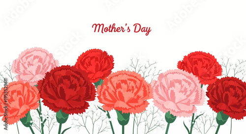 Mother's Day Greeting Card Background with Red and Pink Carnations and Baby's Breath Illustration