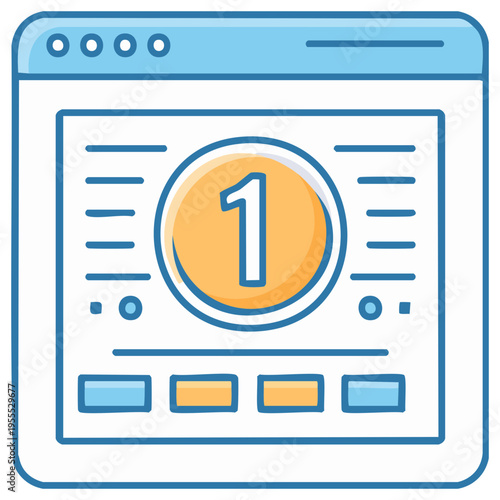 Website showing number one search result, first place ranking icon for SEO success.