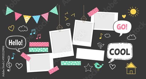 Scrapbook Mood Board Template with Blank Photo Frames, Cute Doodles, and Washi Tape on Dark Background