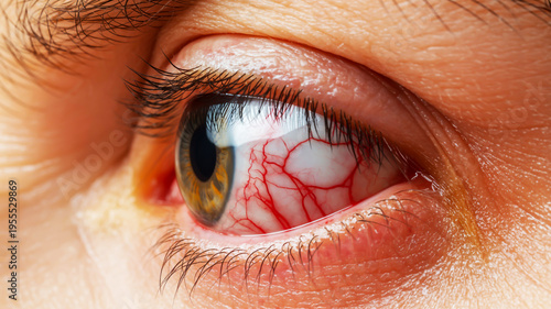 Close-up of a bloodshot eye with brown iris eye health vision