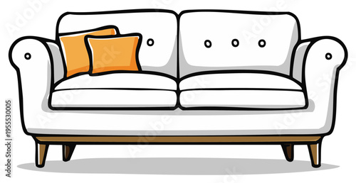 Comfortable white sofa with orange decorative pillows providing cozy living space relaxation modern illustration