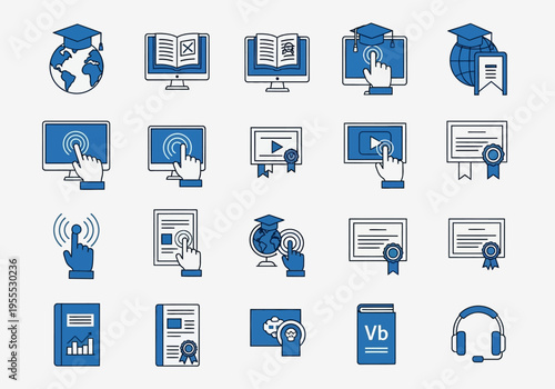 Online Education and E-Learning Icon Set. Vector illustrations for digital school, webinar, distance learning, certificates, and remote training in blue and white flat style.