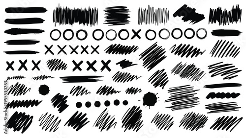 Graphic resources of various black brush strokes and shapes on a white background.